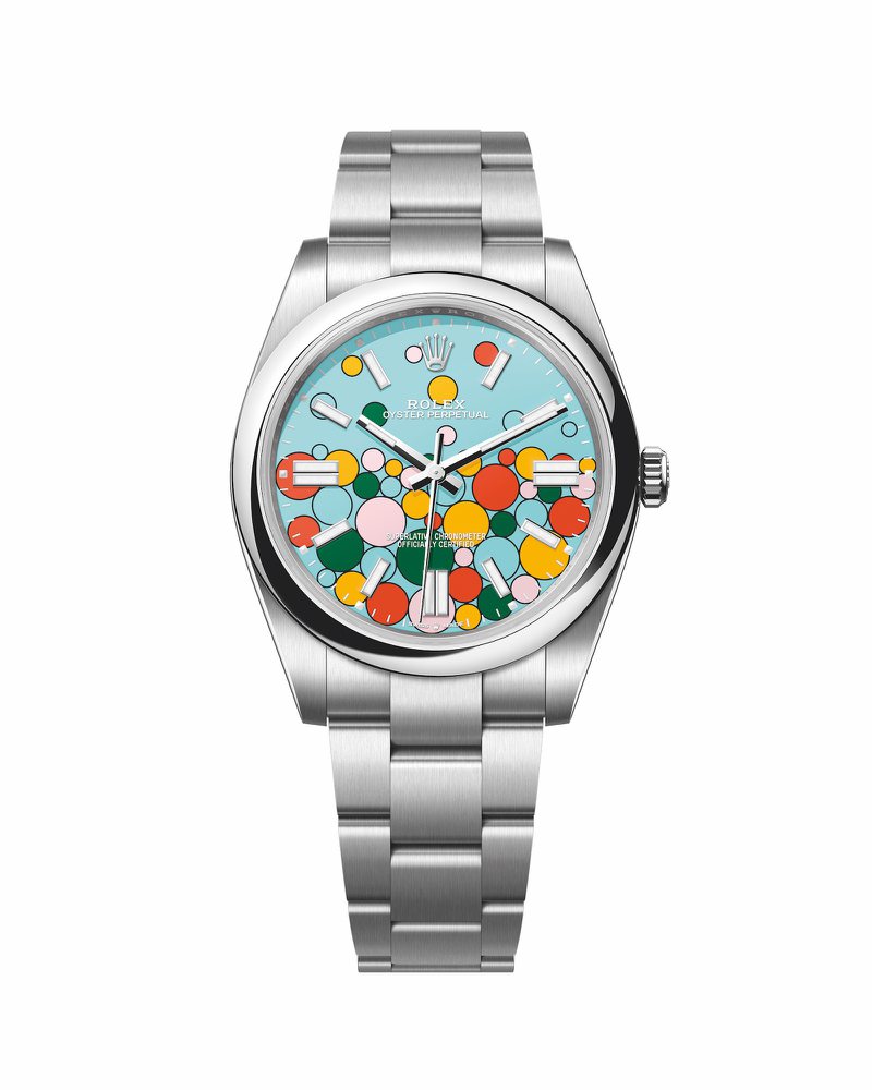 Oyster Perpetual 41腕表，綠松石藍色表面、搭配「慶典」（Celebration）圖案，21萬2,500元。圖／勞力士提供