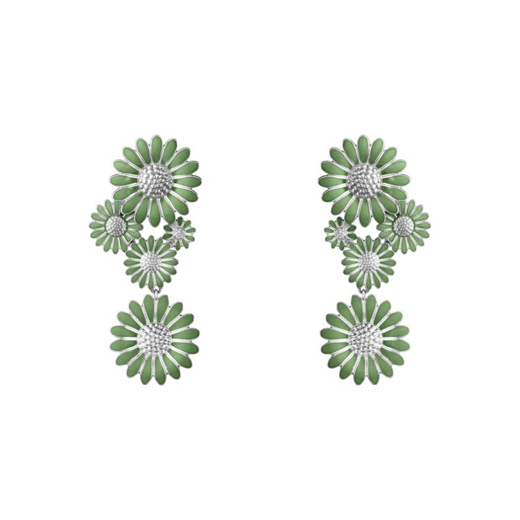 喬治傑生DAISY系列純銀電鍍銠青草綠琺瑯垂墜式耳環，13,200元。圖／喬治傑...
