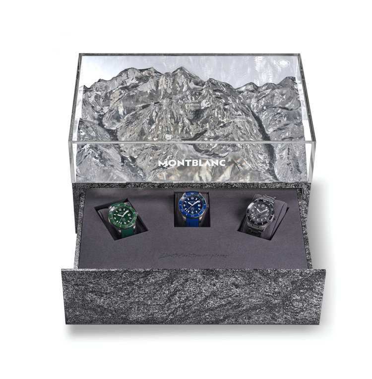 Iced Sea限量套組盒內飾有模仿白朗峰上岩石的仿花崗岩底座，其頂部以透明樹脂製作、內層則飾有白朗峰浮雕。圖／萬寶龍提供