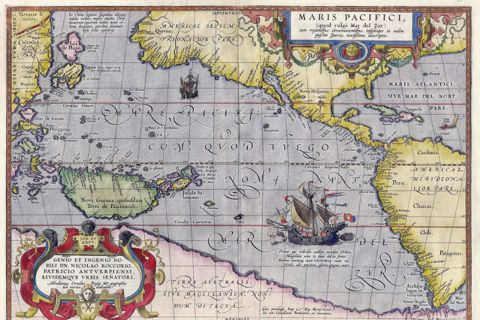 第一張印製的太平洋地圖，1589年首次發行，由16世紀製圖師Abraham Or...