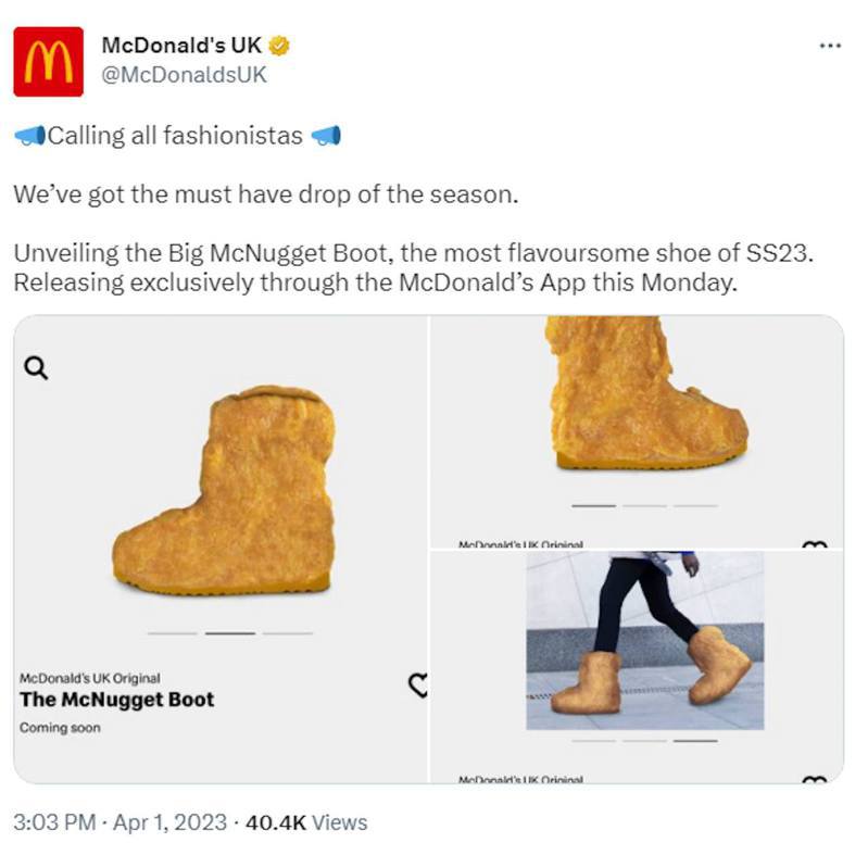 英國麥當勞2023年4月1日在愚人節開玩笑，宣布將推出「麥樂雞靴」。圖／取自FB@McDonald's