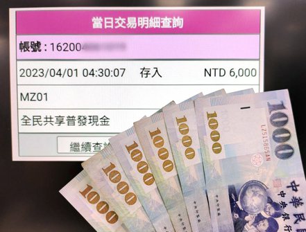 全民普發現金6000元，許多銀行加入提早發錢的行列，台灣銀行於1日清晨入帳。記者林澔一／攝影