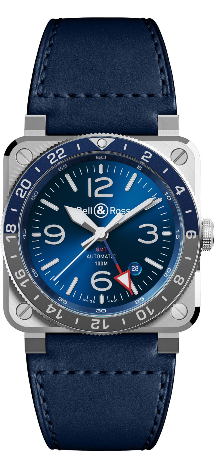 BR 03-93 GMT BLUE腕表，自動上鍊機芯、42毫米、精鋼、時間顯示、兩地時間功能、藍灰雙色表圈，13萬9,000元。圖／Bell & Ross提供