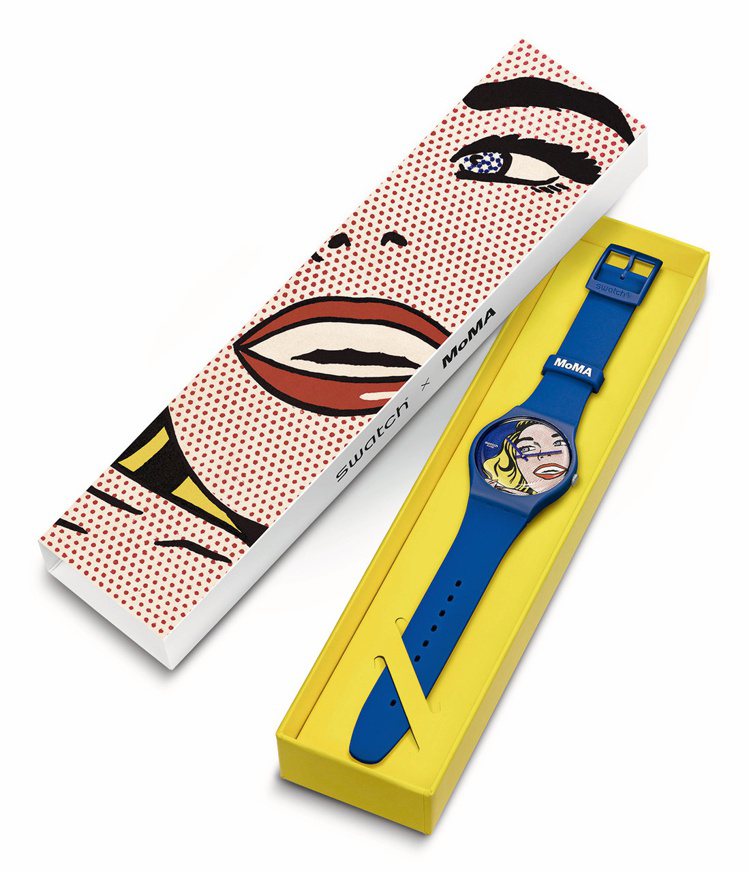 適逢李奇登斯坦100歲誕辰，SWATCH選出名作「GIRL」」成為黃藍撞色的鮮亮錶款。圖：SWATCH提供。