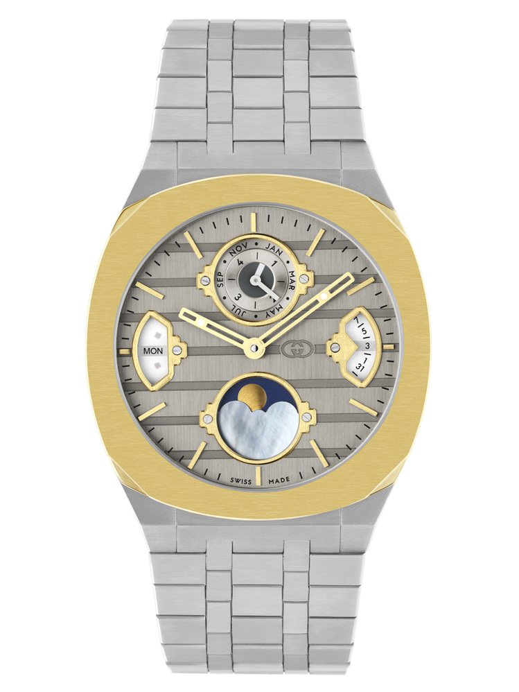 GUCCI 25H不鏽鋼萬年曆腕表，將可精確顯示時間、日期、月份與年份，並可自動切換每年大小月以及四年一次的閏月。表款並搭配18K黃金表圈，128萬1,100元。圖／GUCCI提供
