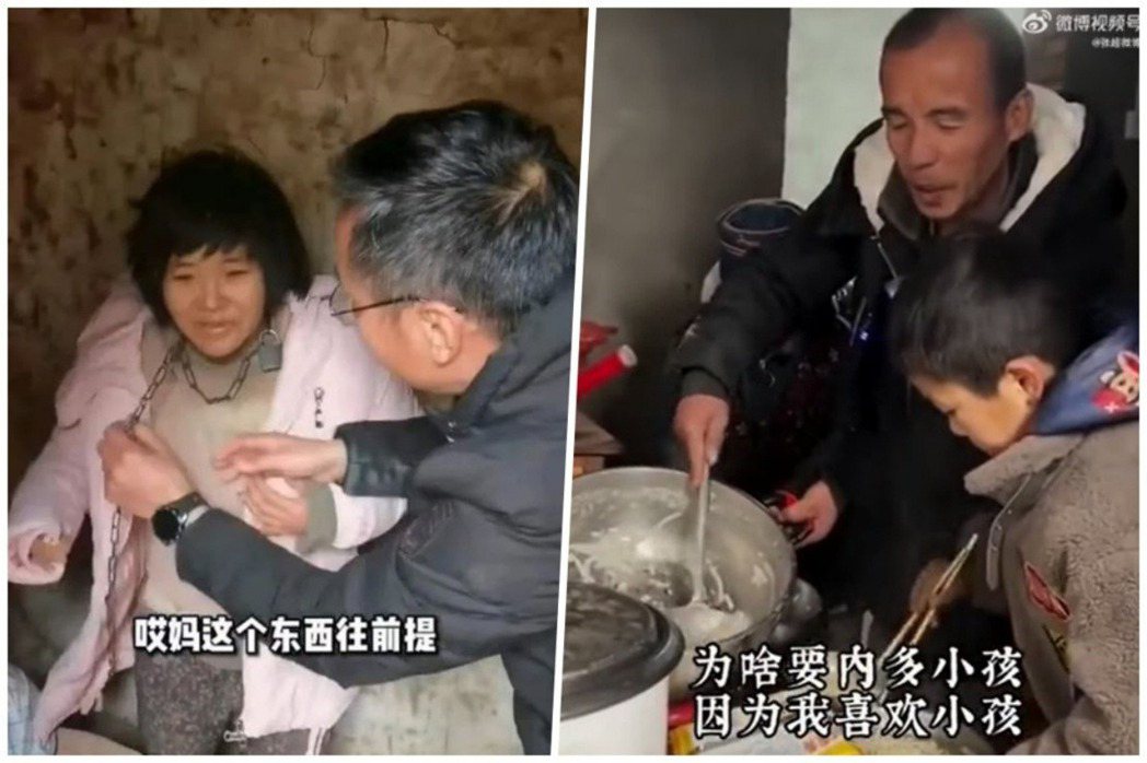 2022年2月，中國一名農村婦人「楊某俠」，被丈夫董志民（右圖）用狗鍊栓在破屋內...