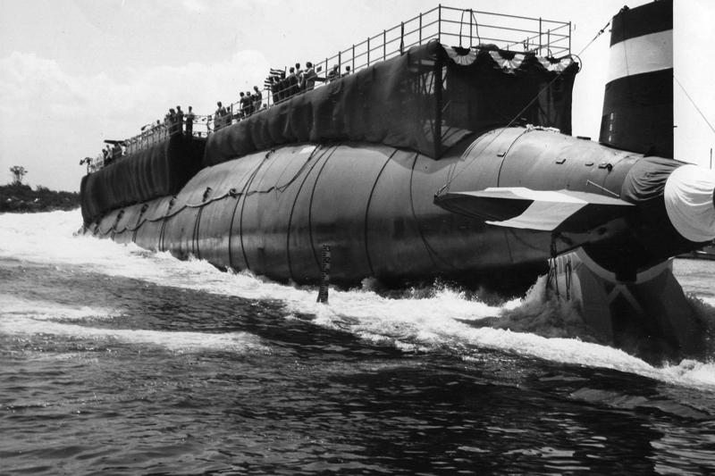 1960年7月9日，長尾鯊號在緬因州的朴資茅斯海軍造船廠下水。圖／美國海軍檔案照