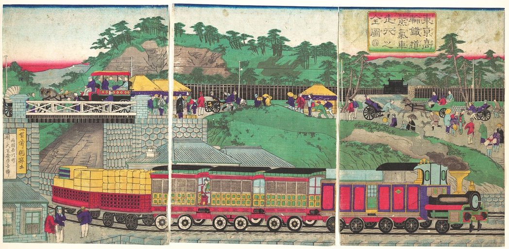 1870年歌川國輝〈東京高輪鉄道蒸気車走行之図〉。 圖／維基共享