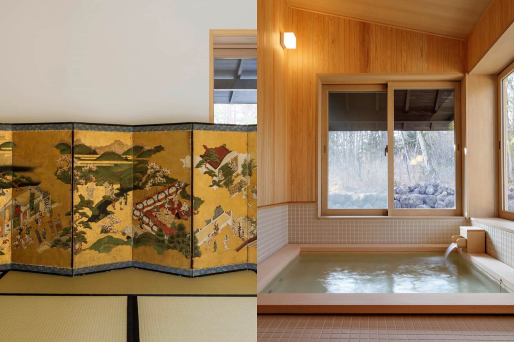 左為客房內日本浮世繪畫作品，右為由西澤立衛設計、可眺望庭園的個人浴池。
 圖／...