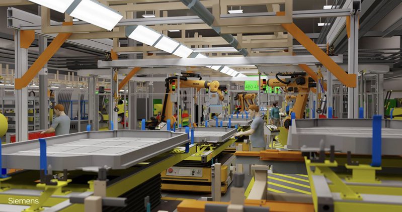 西門子採用NVIDIA Omniverse模擬協作平台，在漢諾威展中展出為挪威電池製造商Freyr Battery打造的虛擬工廠。圖/Nvidia提供
