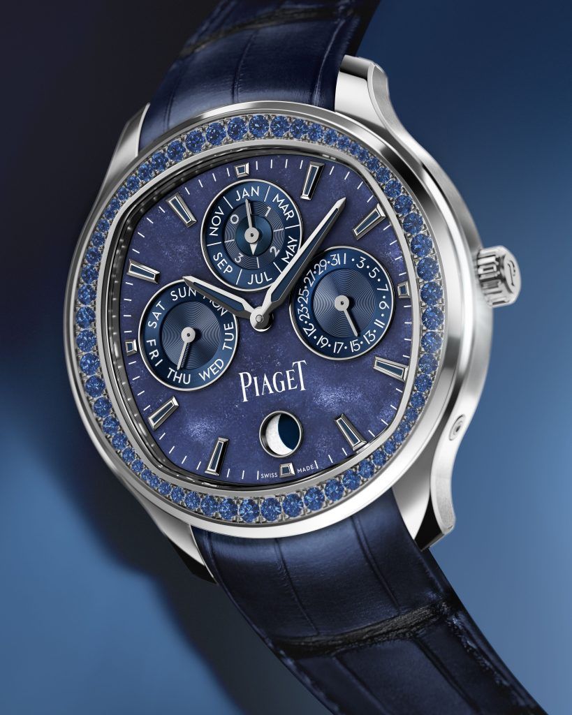 Piaget Polo系列黑曜石面盤藍寶石超薄萬年曆自動腕錶。圖／Prestig...