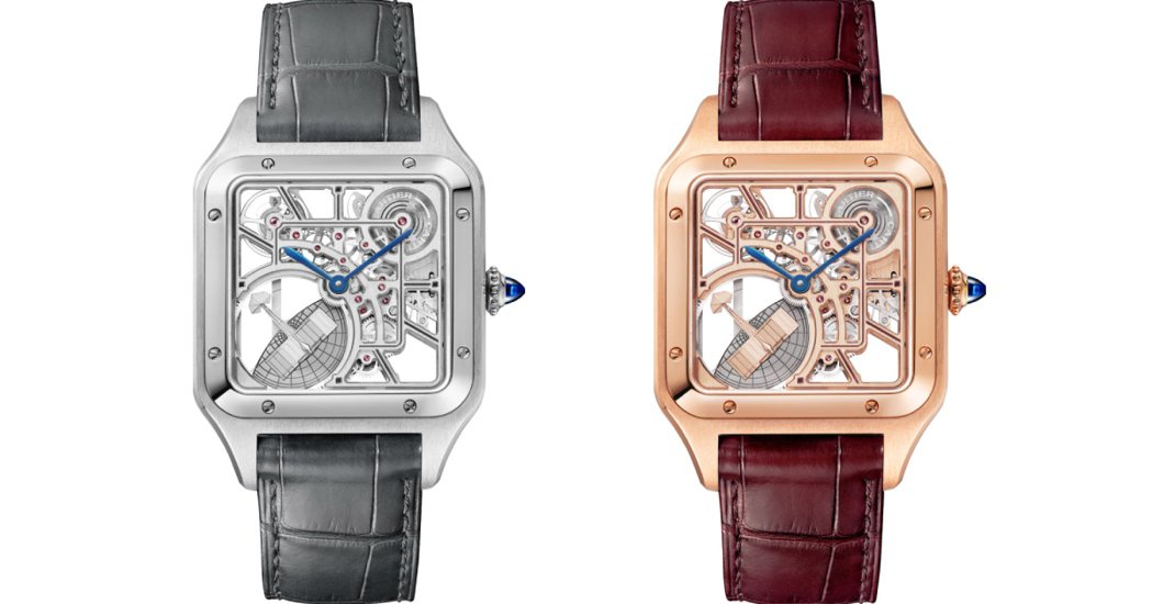 (左)Cartier Santos-Dumont鏤空腕錶精鋼錶殼。(右)Cart...