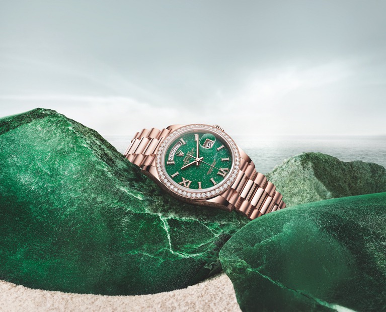 Oyster Perpetual Day-Date腕表，36毫米、永恆玫瑰金、3255型機芯、時間與日期與星期顯示，綠色砂金石面盤，價格店洽。圖／勞力士提供