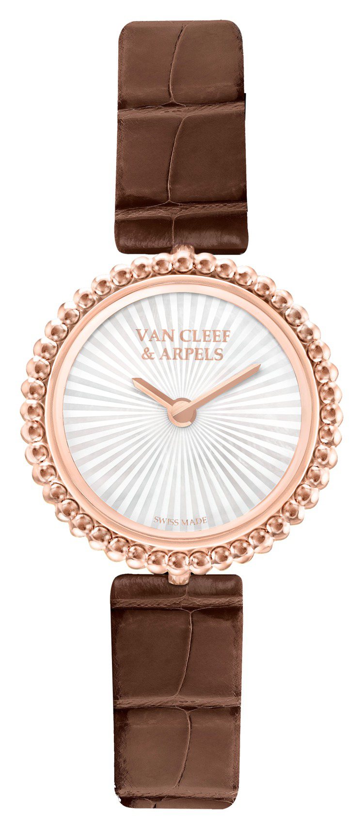 Perlée 23毫米玫瑰金腕表，配璣鏤雕花白色珍珠母貝、瑞士石英機芯，約26萬6,000元。圖／梵克雅寶提供