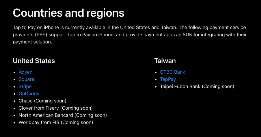 官網表示目前Tap to Pay on iPhone服務在美國與台灣地區開始使用...