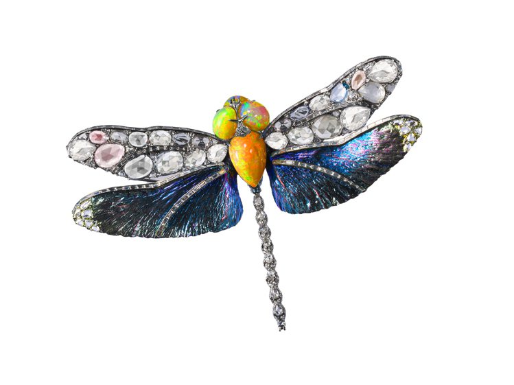 AKACHEN蛋白石剛玉大蜻蜓胸針，純鈦、蛋白石、藍寶石和鑽石。圖／AKACHEN提供