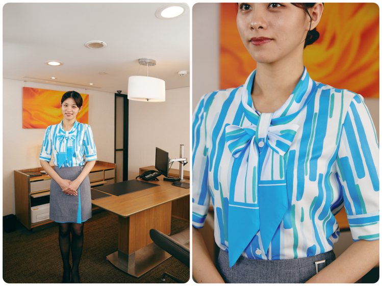 台北富邦銀行發表全新制服，除了融入企業的藍綠雙色，並運用水墨筆觸的數位印花，出自台灣設計師之手。圖／JUST IN XX提供（合成圖）