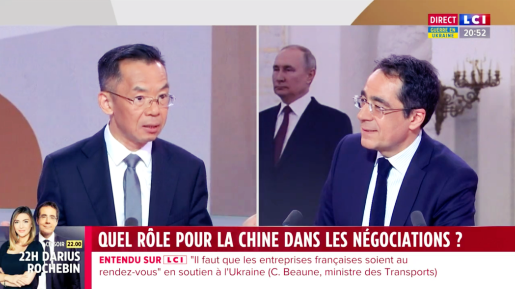 中國駐法大使盧沙野接受法國電視台訪問，因質疑「前蘇聯國家主權」而惹議。 圖／截圖