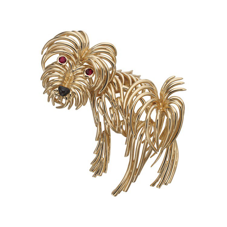 卡地亞骨董珍藏系列點頭狗夾式胸針，約1966年卡地亞巴黎，黃K金和玫瑰金、紅寶石、琺瑯，約110萬元。圖／卡地亞提供