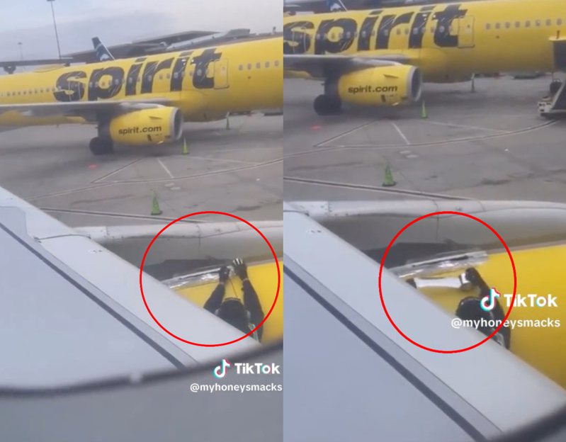 美國一名女子搭乘廉航精神航空（Spirit Airlines）時意外發現維修員用銀色膠帶修補機翼。圖／取自TikTok