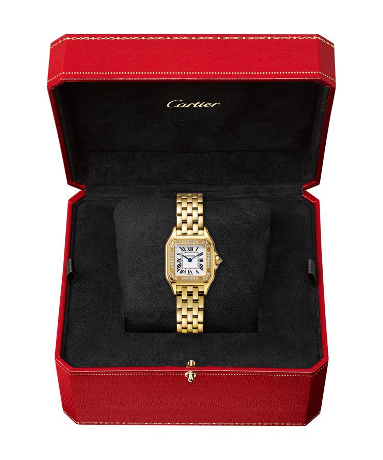 Panthère de Cartier美洲豹黃K金鑲鑽腕表小型款，約88萬元。...