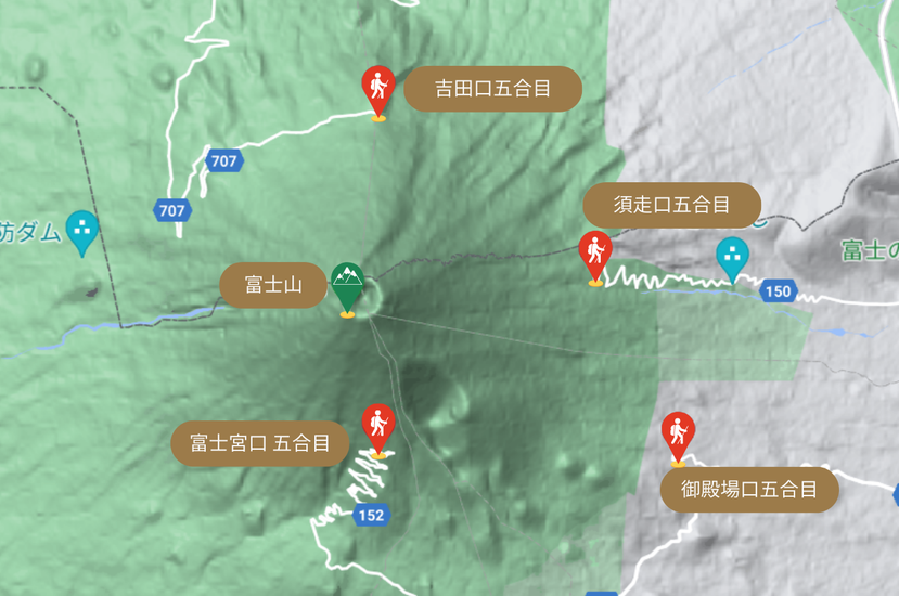 富士山 4 個主要登山口。 圖／本質旅行
