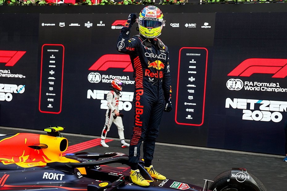 Red Bull車手Sergio Perez在F1亞塞拜然大賽再奪佳績，是第一位在此二度封冠的車手。 圖／Red Bull提供
