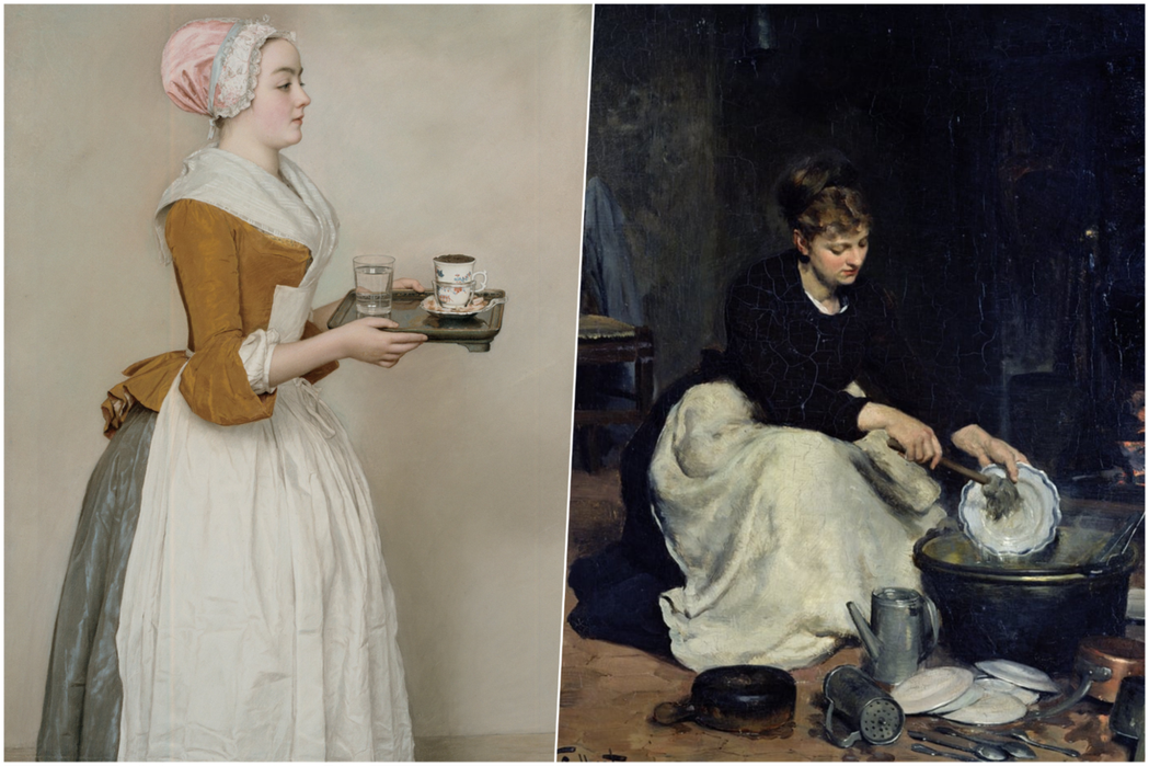 在富豪之家工作的女性傭人形象，左為18世紀瑞士畫家Jean-Étienne Li...