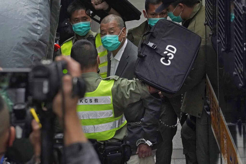 圖為香港壹傳媒創辦人黎智英2021年因違反國安法被捕。 圖／美聯社