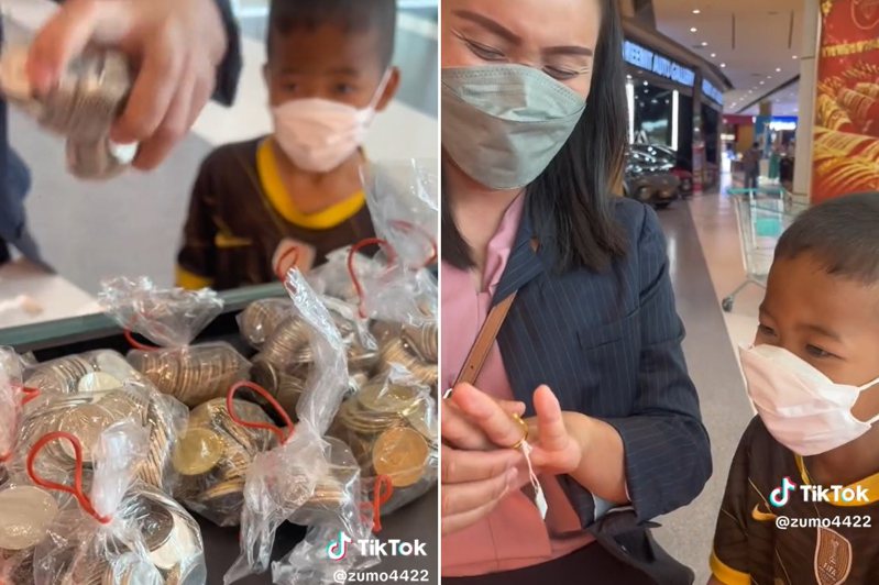 泰國一名男童存下零用錢，買了一枚金戒指給媽媽。圖／截自抖音