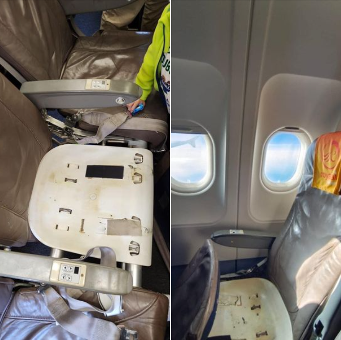 飛機上的座椅軟墊已經明顯脫落。圖擷自爆料公社公開版