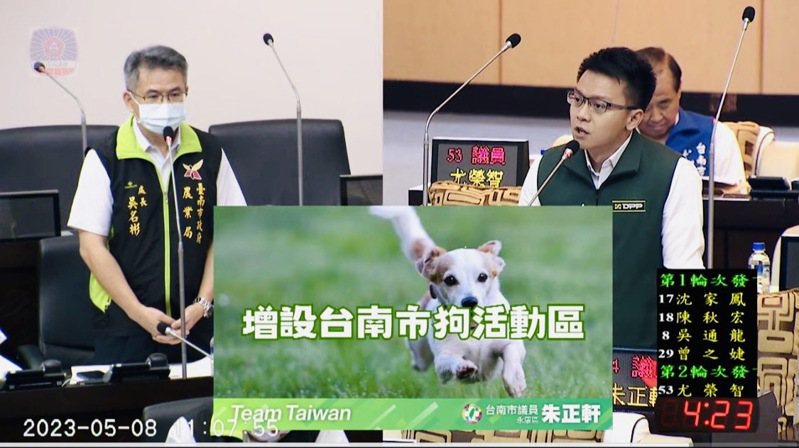 台南市議員朱正軒今天在市議會向農業局提出設立狗活動區議案，促請快設立。圖／擷取畫面