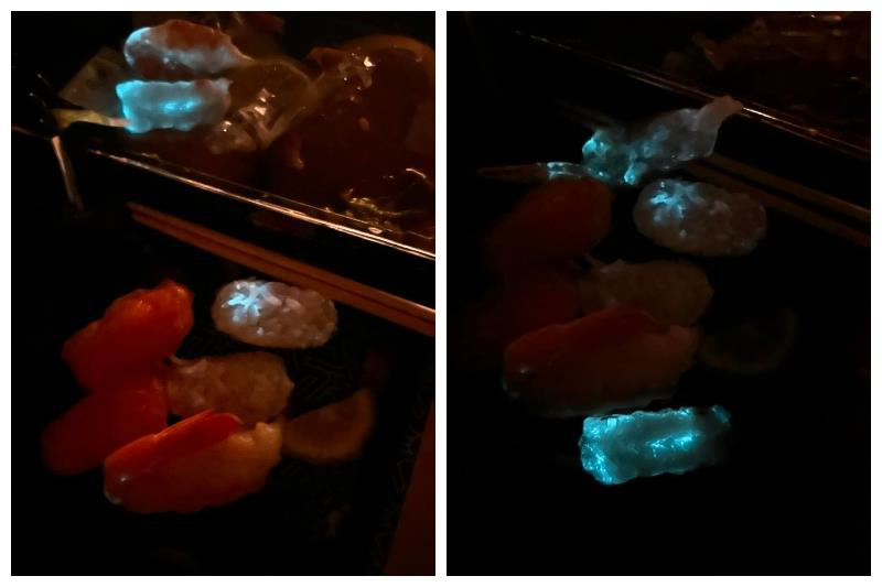 在照片中，可以看見白飯、蝦肉發出藍色螢光光芒。圖／擷取自爆料公社