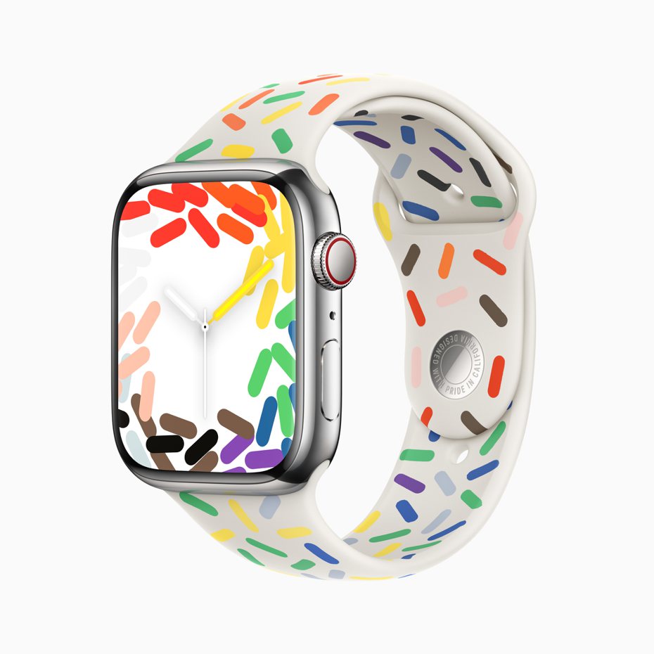 蘋果推出全新Pride版運動型錶帶，搭配相襯的錶面和iOS背景圖片。圖／蘋果提供