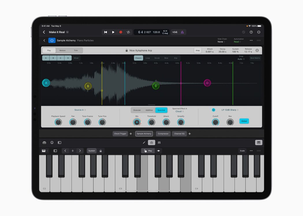iPad 版 Logic Pro 內建大量音效逼真的樂器。圖｜Apple