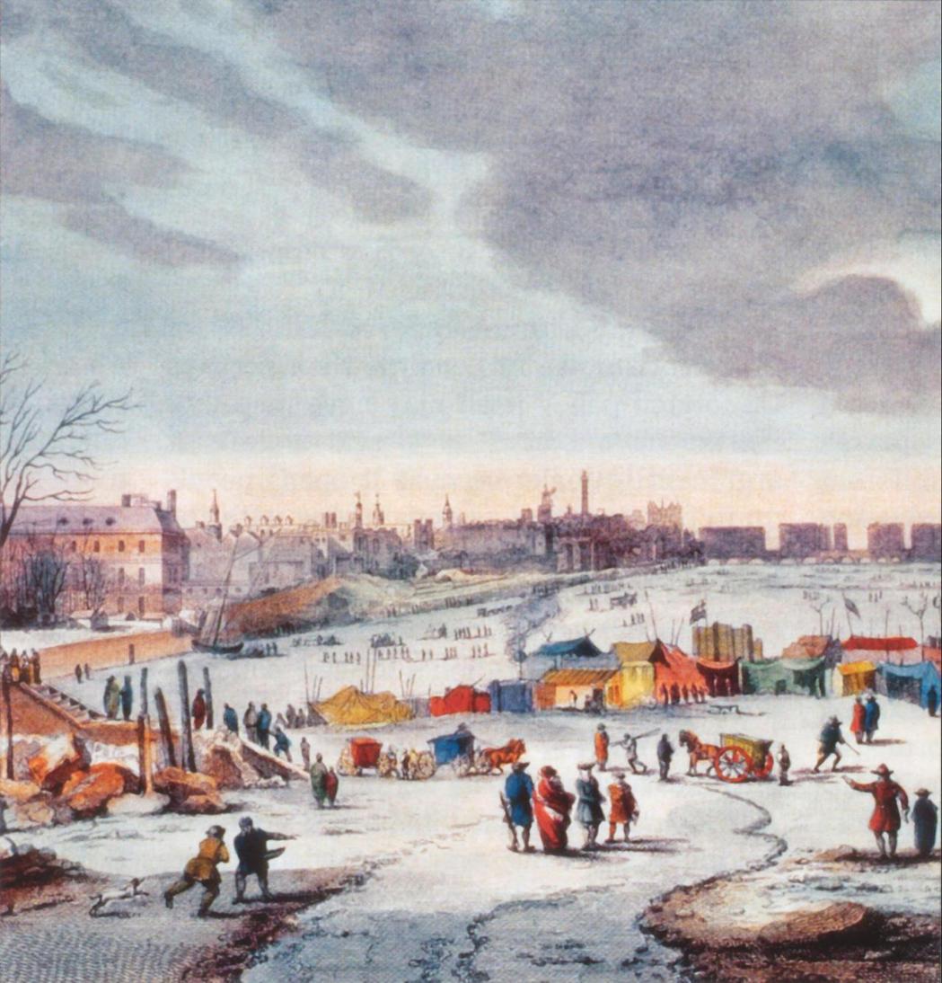 圖為17世紀畫家Thomas Wyke所繪的《泰晤士河冰霜市集》，泰晤士河冰霜市...