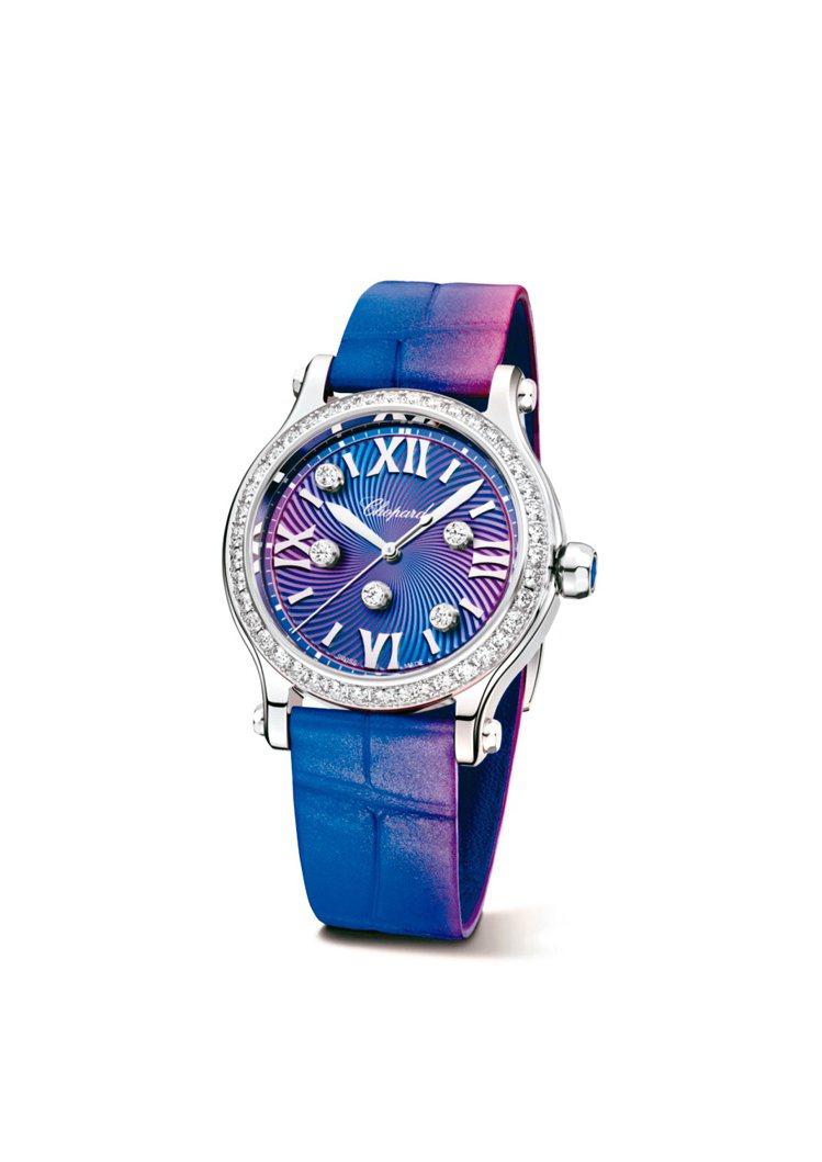 蕭邦Happy Sport腕表，33毫米，Lucent Steel™精鋼款，搭配午夜紫表盤。圖／蕭邦提供
