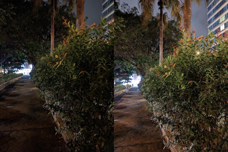 同樣場景，右邊有開啟夜視功能拍攝的照片超明亮，簡直像有打光。記者黃筱晴／攝影