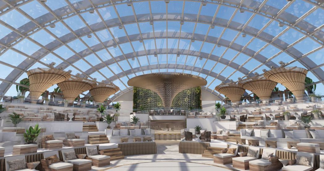 以希臘聖托里尼的露台為靈感，打造出海上首座多樓層的玻璃穹頂空中花園（The Do...