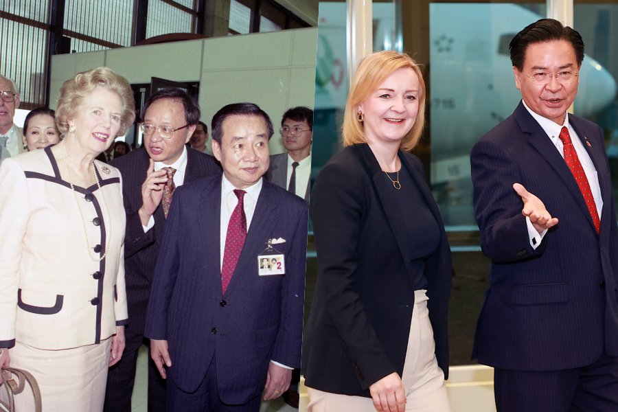 英國下議院議員、前首相特拉斯（Liz Truss，右圖）來台訪問，此次來訪是繼「鐵娘子」柴契爾夫人（Margaret Thatcher，左一）後，第二位訪問台灣的英國前首相。 圖／聯合報系資料照