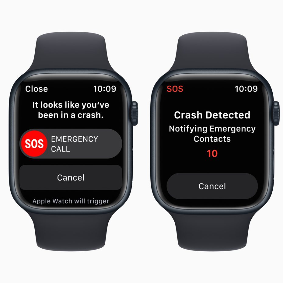 Apple Watch「車禍偵測」利用先進的感測器融合演算法，以及加速度計和陀螺儀，能精準偵測到車禍發生並發送警報。圖／蘋果提供