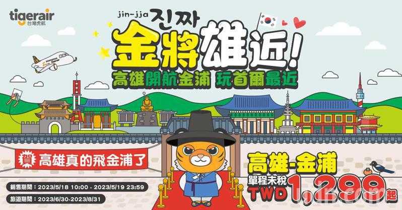 台灣虎航今天宣布將於6月30日開航高雄-金浦航線，是台灣虎航從高雄出發的第7條航線，也是台灣虎航自高雄出發的首條韓國航線。圖／台灣虎航提供