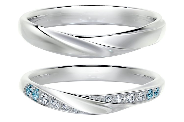 （由上至下）戀人系列RBG0014結婚對戒男戒與女戒，兩款戒指採用相同的刻痕設計。圖／亞立詩提供