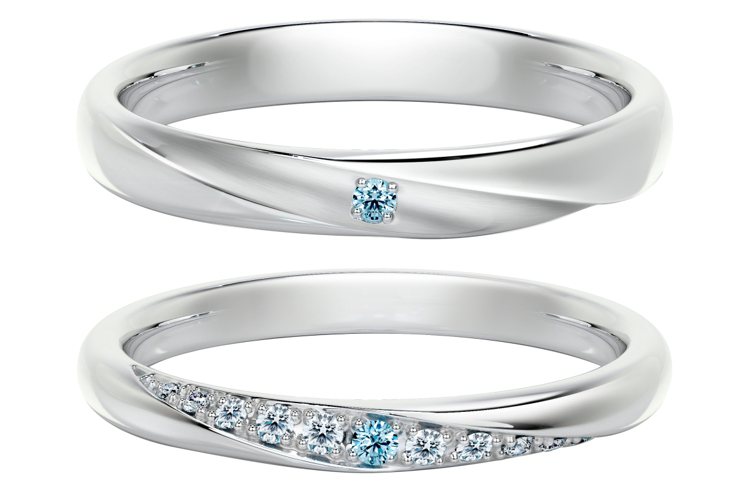 （由上至下）戀人系列RBG0012結婚對戒男戒與女戒，採用單顆藍鑽鑲嵌在戒身中心的設計。圖／亞立詩提供
