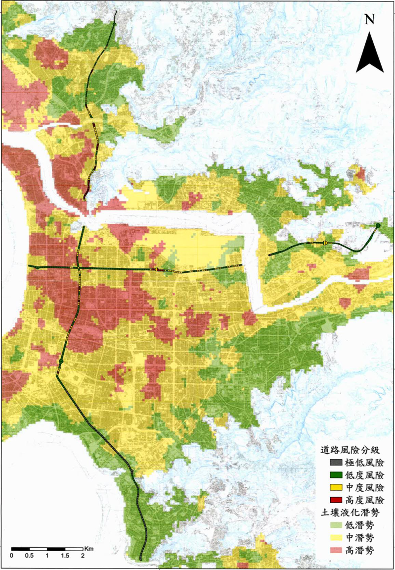 北市土壤液化潛勢地圖，士林區、中山區與內湖區等處，都可看見土壤液化高風險區。圖／北市議員林延鳳提供