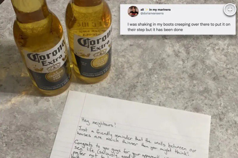女網友為了請鄰居安靜一點，寫了紙條還送啤酒，沒想到結果卻不如所願。圖擷自紐約郵報
