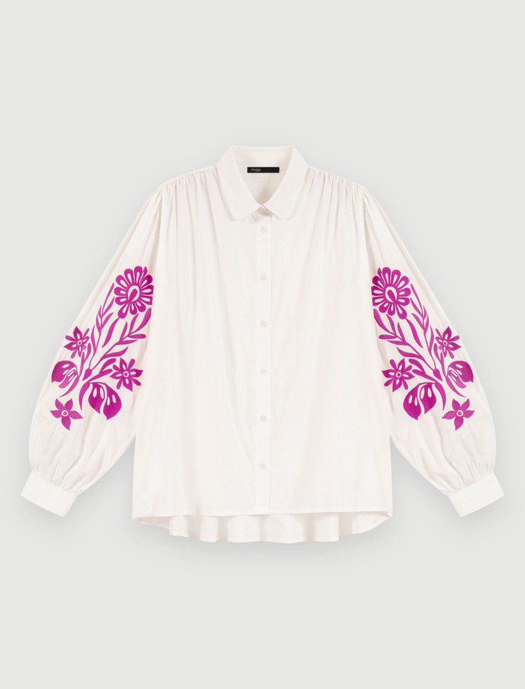 Maje Tropical Purple限量系列刺繡襯衫，9,190元。圖／Ma...