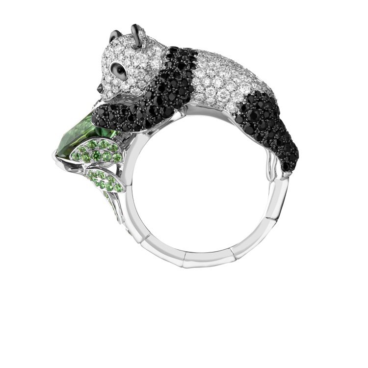 Animaux動物系列Panda熊貓戒指，白金750，鑲嵌鑽石、黑色藍寶石、綠色...