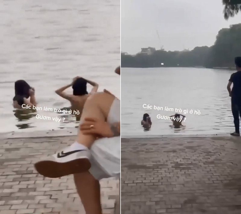 越南河內著名景點還劍湖（Hồ Hoàn Kiếm）驚現2名裸體少女在出浴。 圖／fb影片截圖