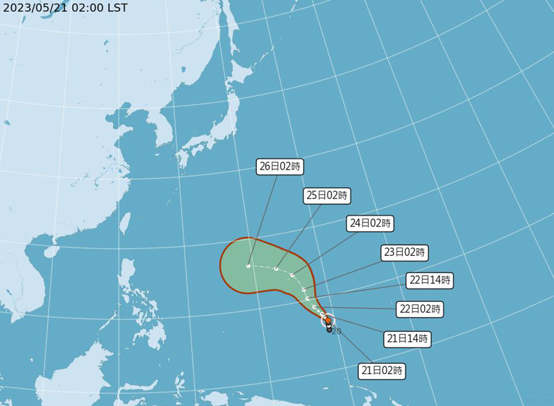 輕度颱風編號瑪娃今天凌晨2時中心在關島南南東方880公里海面上（鵝鑾鼻東南東方3490公里海面上），以每小時14公里速度，向北北西進行。圖／取自氣象局網站